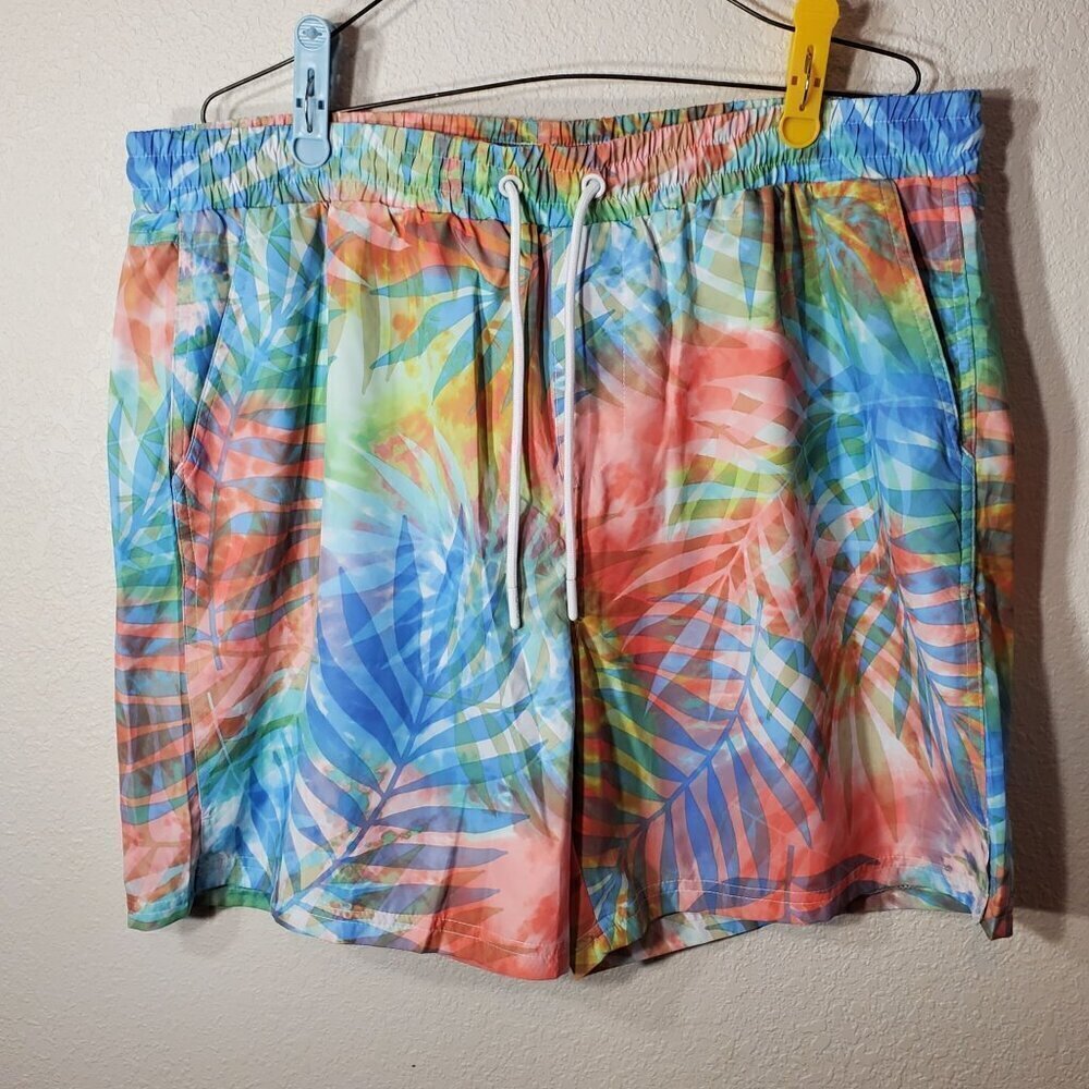 CSG Mens Small Swim Trunks Palm Cove Multicolor Elastic Waist Drawstring Pockets